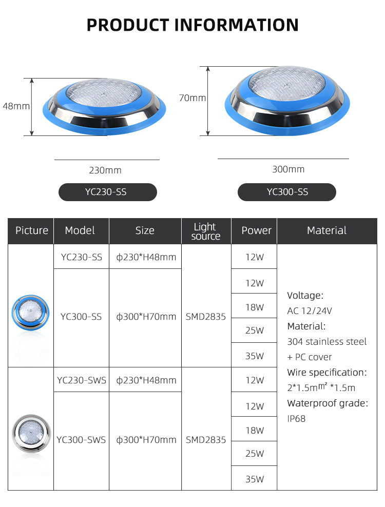 YC230-S Stainless Steel 12w 18w 25w 35w 45w Led Swimming Pool Light