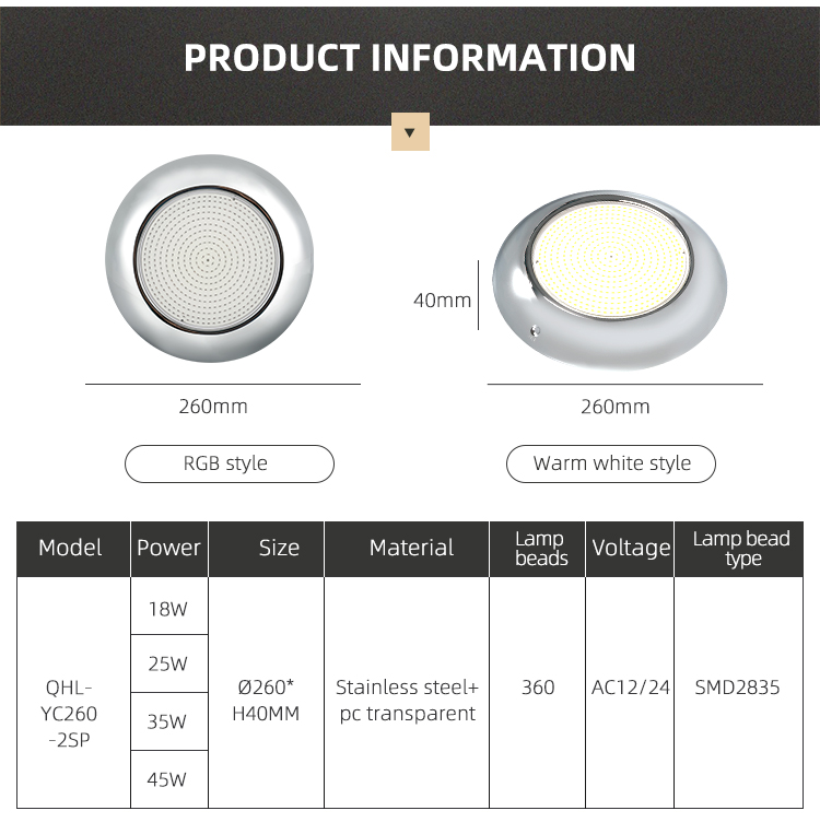 YC260-2SP Stainless Steel 18w 25w 35w 45w Led Swimming Pool Light