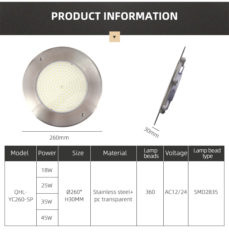 YC260-SP 18w 25w 35w Stainless Steel Led Swimming Pool Light YC260-SP 18w 25w 35w Stainless Steel Led Swimming Pool Light